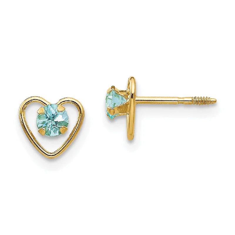 women minimalistic earrings -14KT Yellow Gold 3MM Round Aquamarine 6MM Heart Childrens Birthstone Earrings