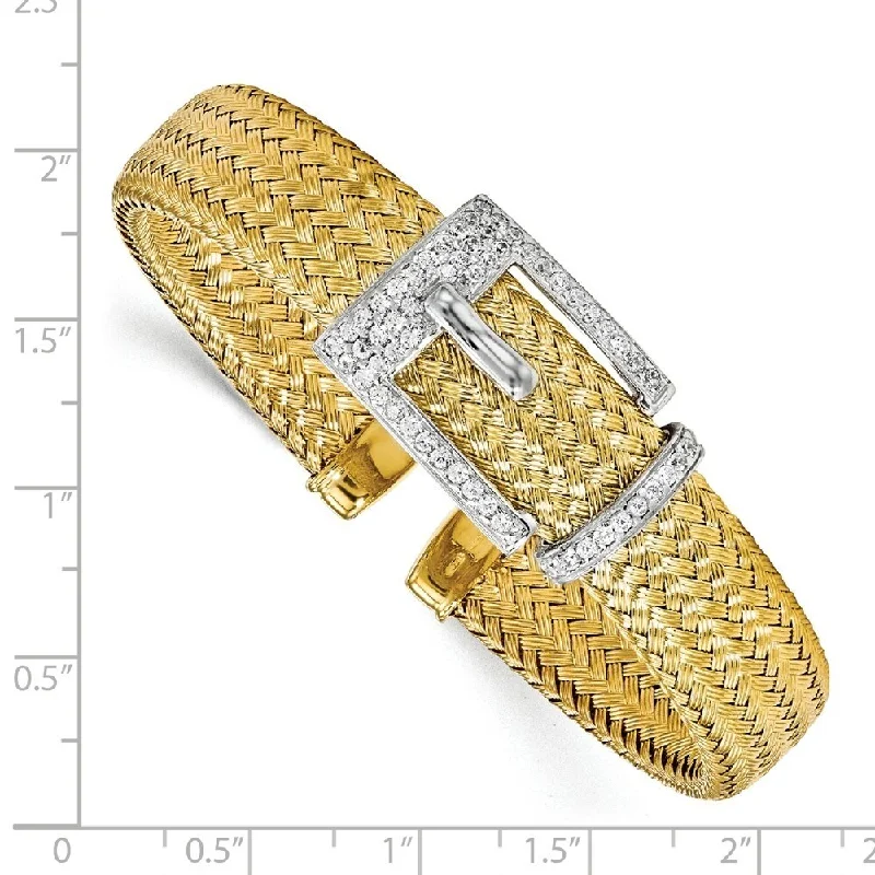 Curata 925 Sterling Silver Gold Plated 12.5mm Cubic Zirconia Woven Cuff Bangle Bracelet