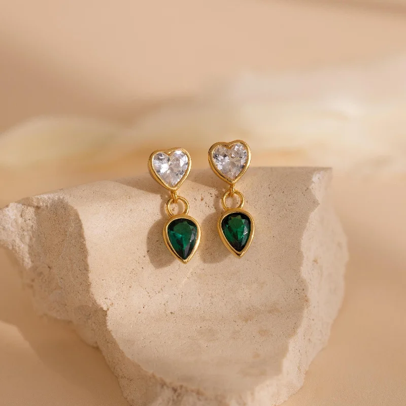 women romantic earrings -Emerald Heart Drop Studs