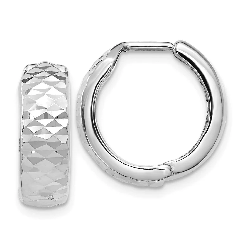 women designer earrings -10KT White Gold 14X17MM Hinged Diamond-cut Hoop Earrings