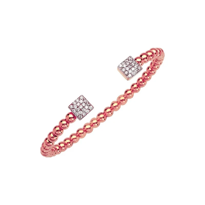 Curata 925 Sterling Silver Rose Gold Plated Cubic Zirconia Square Endcap Adjustable Cuff Bracelet