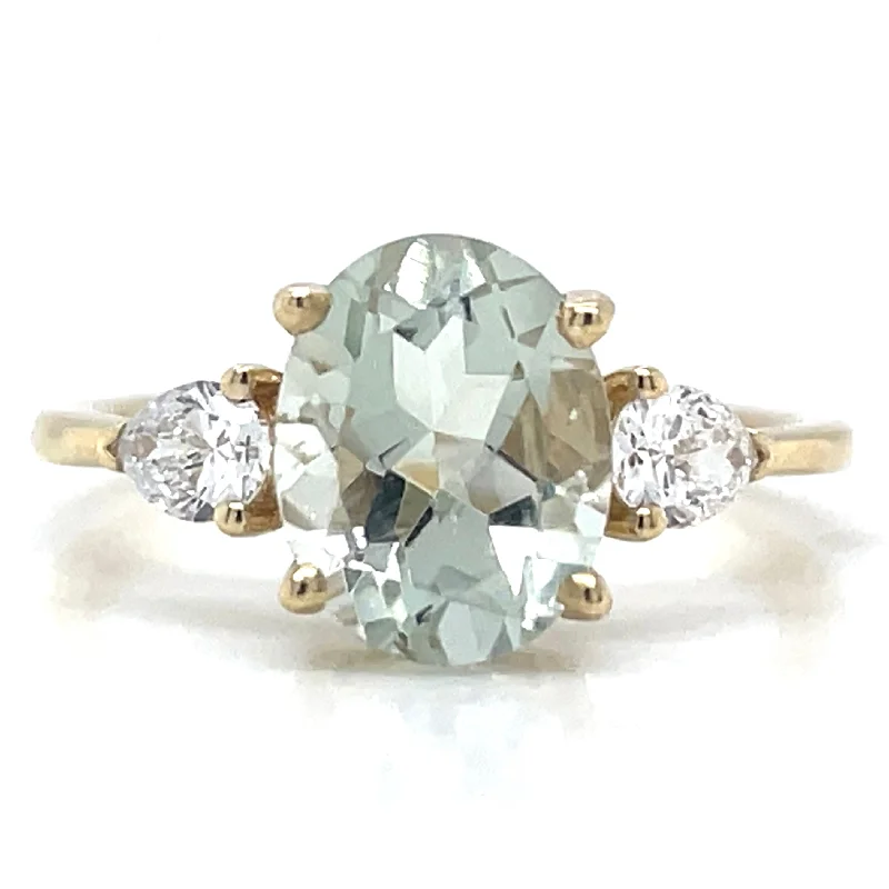 women sapphire and diamond engagement rings -9ct Yellow Gold Laboratory Grown Oval Green Amethyst And Diamond Ring