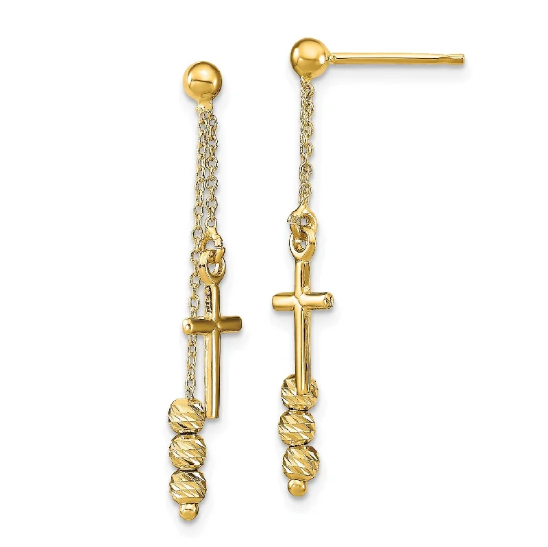 women fashion-forward earrings -14KT Yellow Gold 32X7MM Diamond-cut Cross Beaded Dangling Earrings