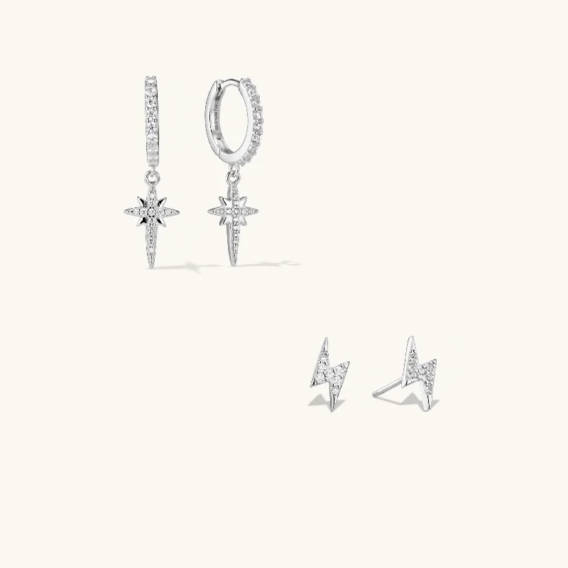 women eco-conscious earrings -The North Star Earring & Lightning Bolt Stacking Set in Silver