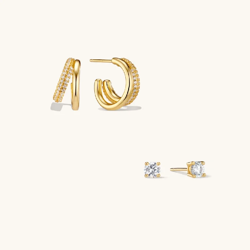 women drop earrings for women -Duo Layered Hoops & Diamond Stud Earrings Stacking Set Gold