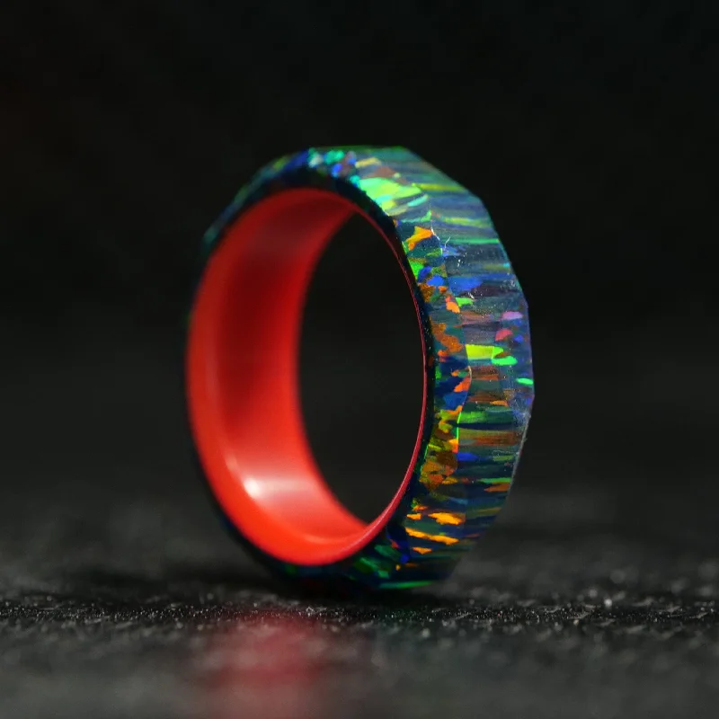 women chain bracelets -Black Fire Opal Ring with Glowing Resin Liner