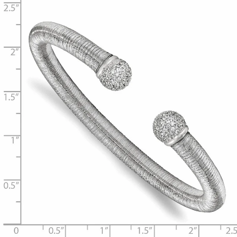 Curata 925 Sterling Silver Rhodium 6mm Cubic Zirconia Ribbed Cuff Stackable Bangle Bracelet