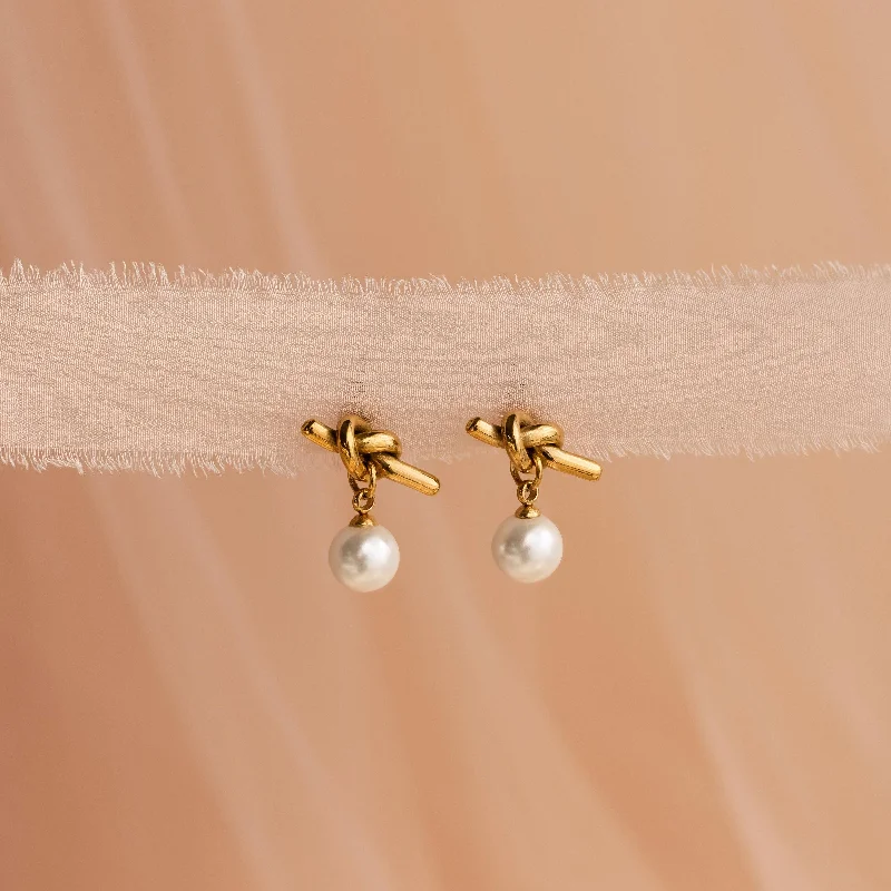 women personalized earrings -Love Knot Pearl Earrings