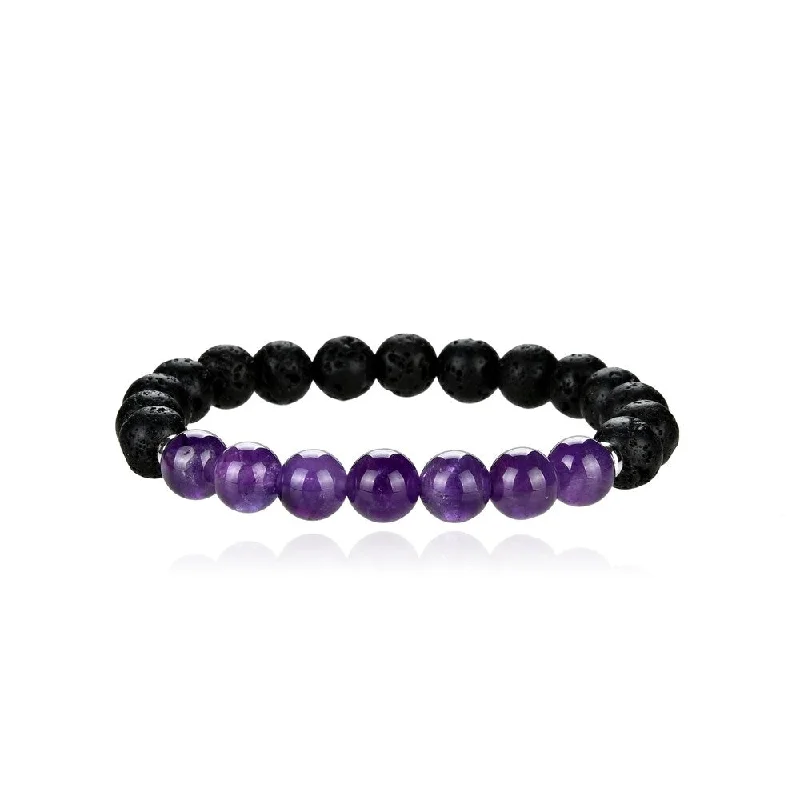 Sterling Silver with 8MM Lava Bead & Amethyst Stretch Bracelet