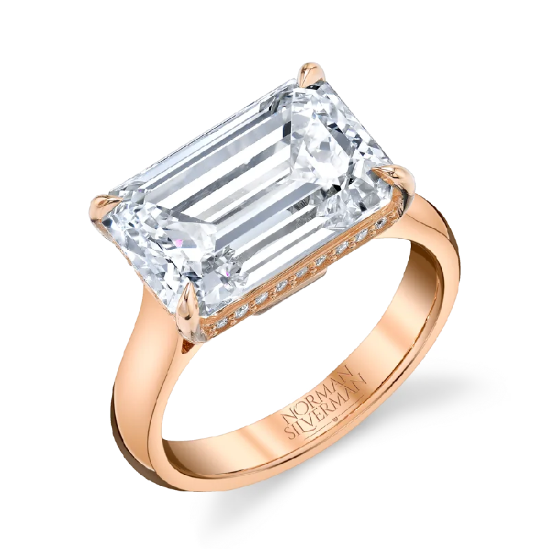 women elegant engagement rings -East West Diamond Ring with Emerald Cut Center and Hidden Halo