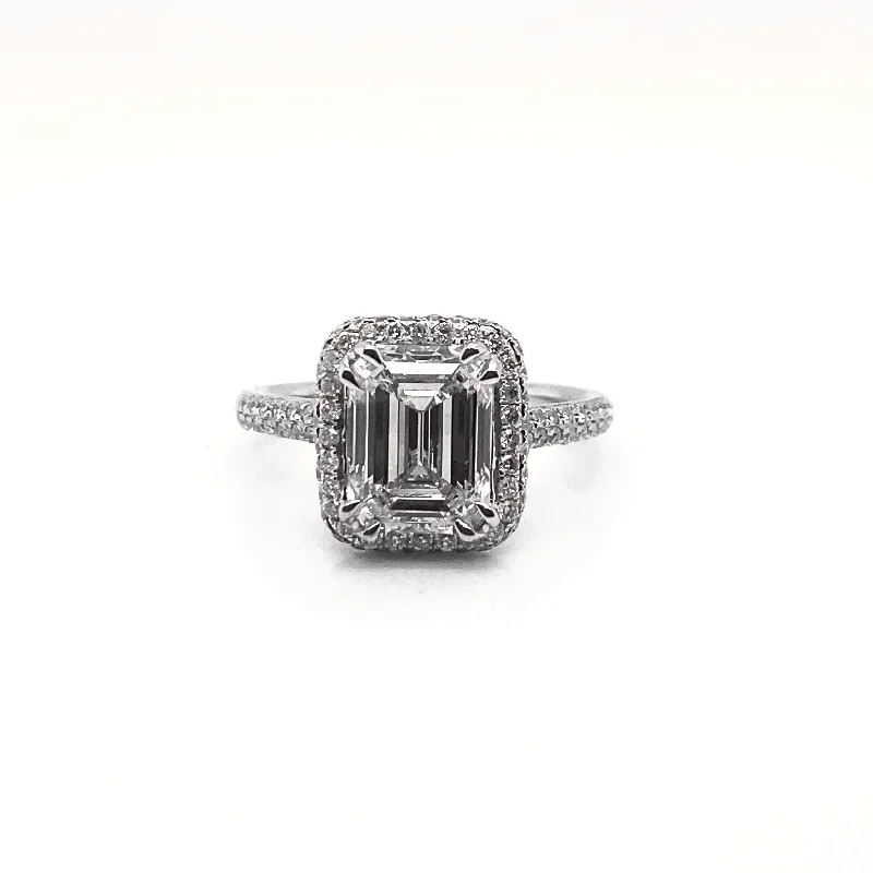 women sparkling engagement rings -LEISL 4 Carat Emerald Cut Lab Grown Diamond Engagement Ring Halo IGI Certified