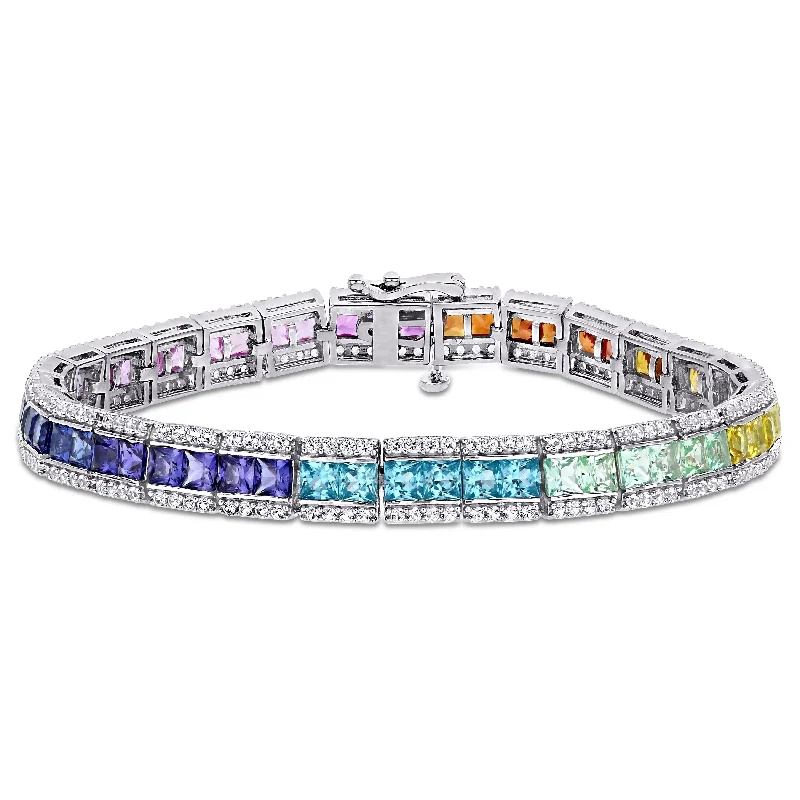 Square-cut Multi-Color Created Sapphire Halo Tennis Bracelet in Sterling Silver by Miadora