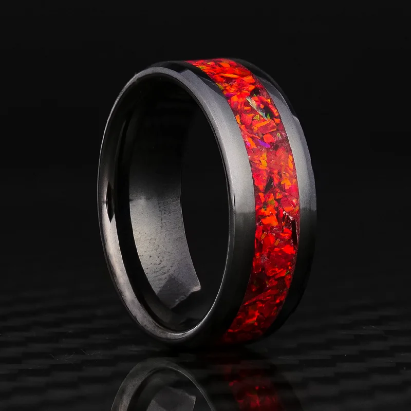 women silver plated bracelets -Crimson Red Opal Glowstone Ring on Black Ceramic