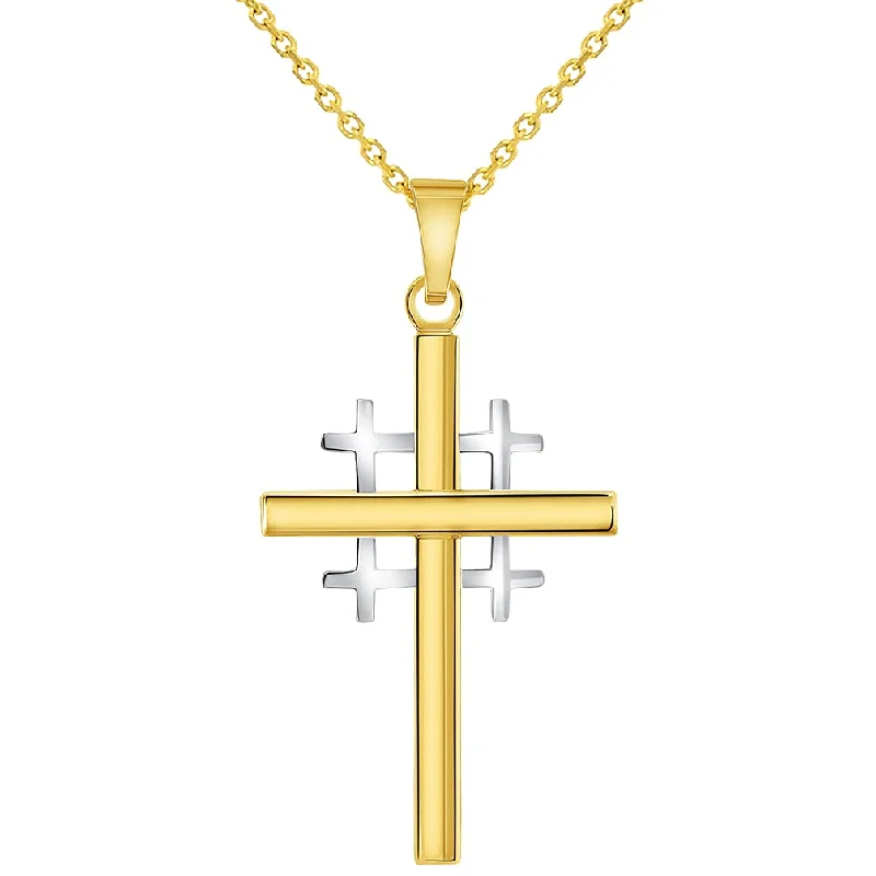 women handmade necklaces -14k Two-Tone Gold Religious Crusaders Jerusalem Latin Plain Cross Pendant With Cable, Curb or Figaro Chain Necklace