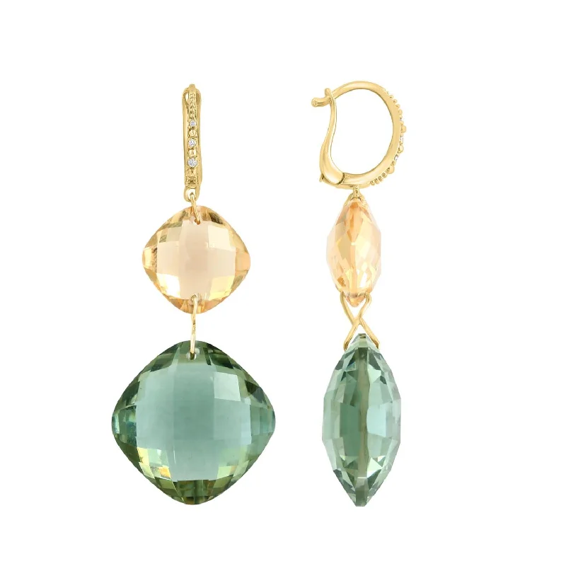 women shimmering earrings -EFFY 18MM Cushion Green Amethyst, Cushion Citrine and Diamond Accent Fashion Drop & Dangle Earrings in 14KT Yellow Gold