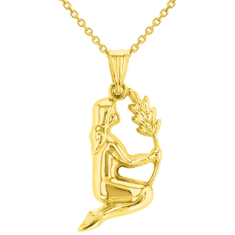 women artistic necklaces -High Polish 14k Yellow Gold 3D Virgo Zodiac Sign Charm Maiden Holding Wheat Pendant With Cable, Curb or Figaro Chain Necklace