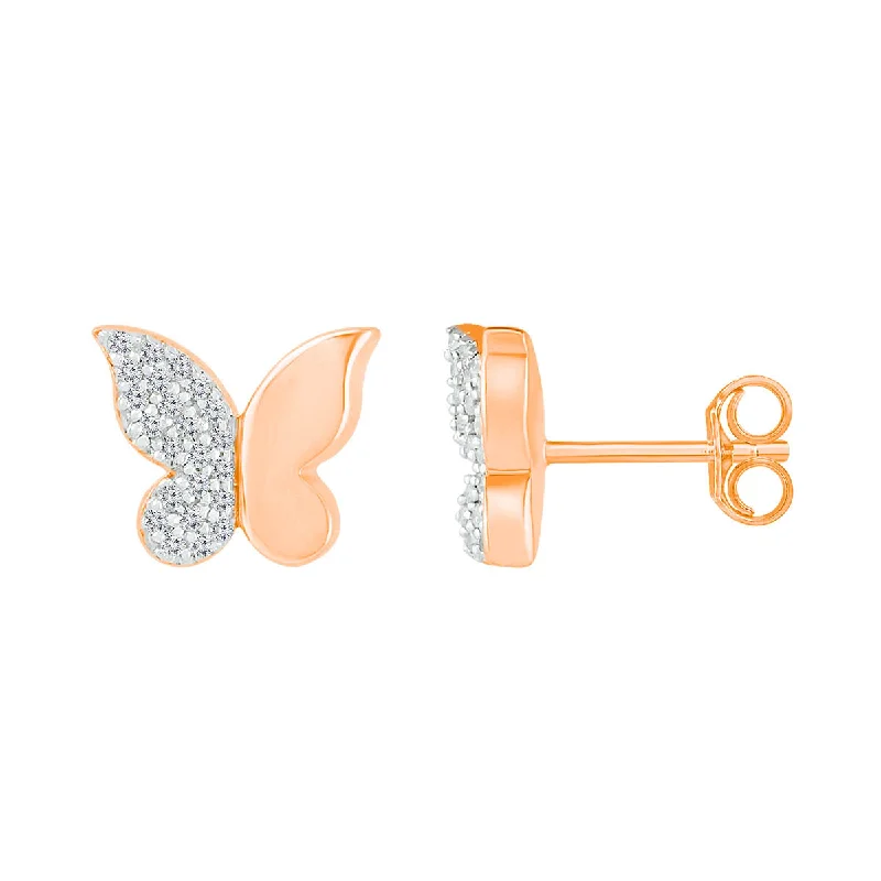 women affordable gold earrings -1/8 CTW Diamond Butterfly Stud Earrings in 10KT Rose Gold