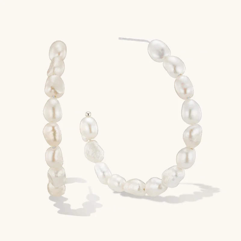 women big earrings -Statement Pearl Hoops in Silver