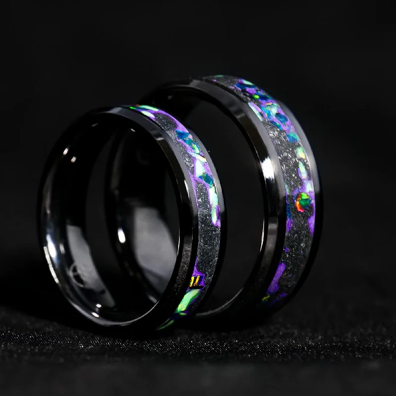 women silver plated bracelets -Matching Area 51 Glowstone Wedding Ring Set in Black Ceramic