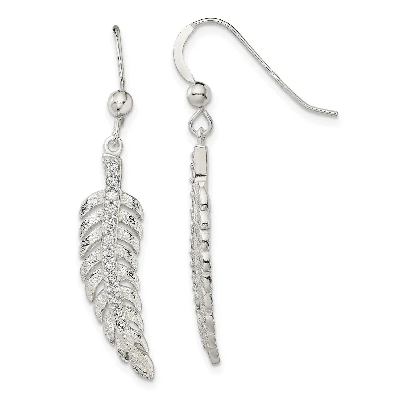 women chic stud earrings -Sterling Silver Cubic Zirconia 39X7MM Drop & Dangle Feather Earrings