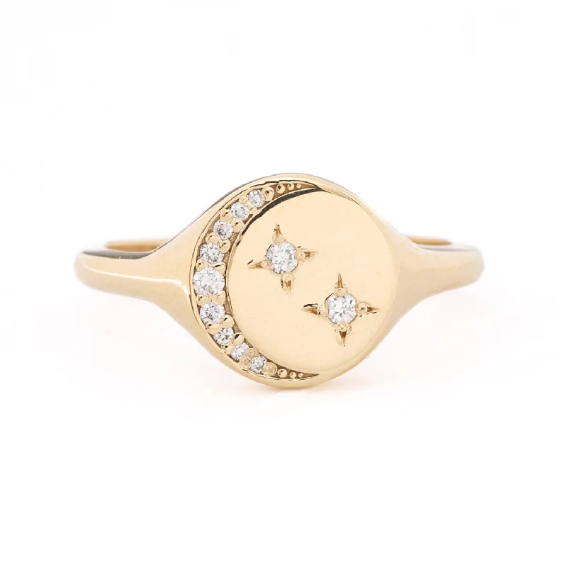 women gold bangles -Crescent Moon Diamond Star Signet Ring