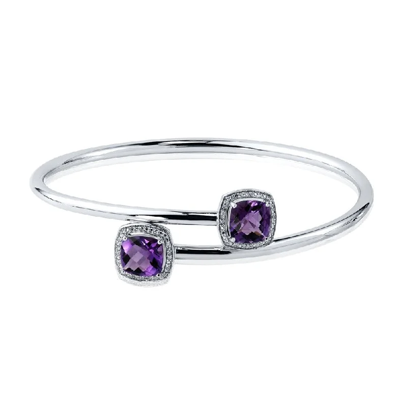 Stackable 4ct Cushion Purple Amethyst Bypass Bangle Bracelet with Diamond Accents by Auriya in Gold over Silver