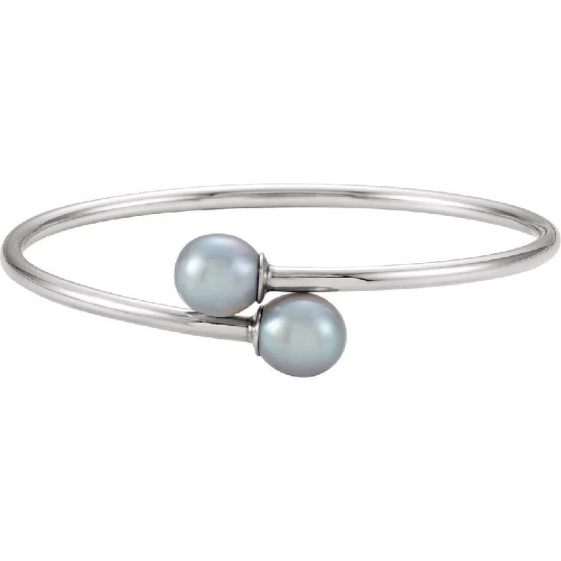 Curata 925 Sterling Silver 10mm Gray Cultured Pearl Flexible Cuff Bangle Bracelet