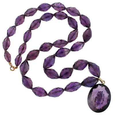 women beaded necklaces -Late Victorian Sterling Carved Amethyst Pendant & Beads