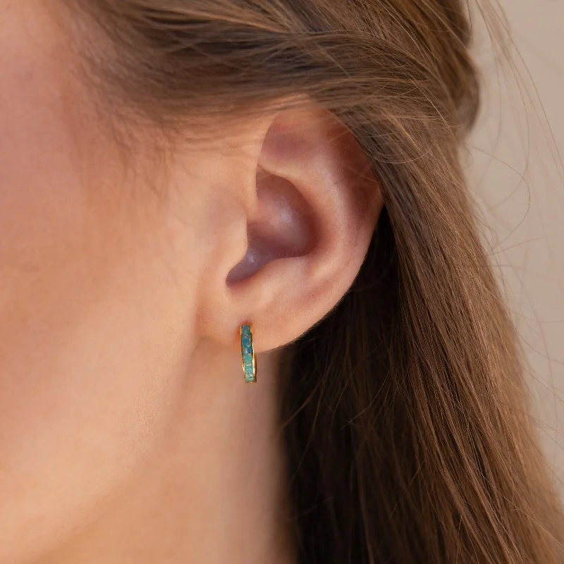 women luxury pearl earrings -Green Opal Inlay Huggies