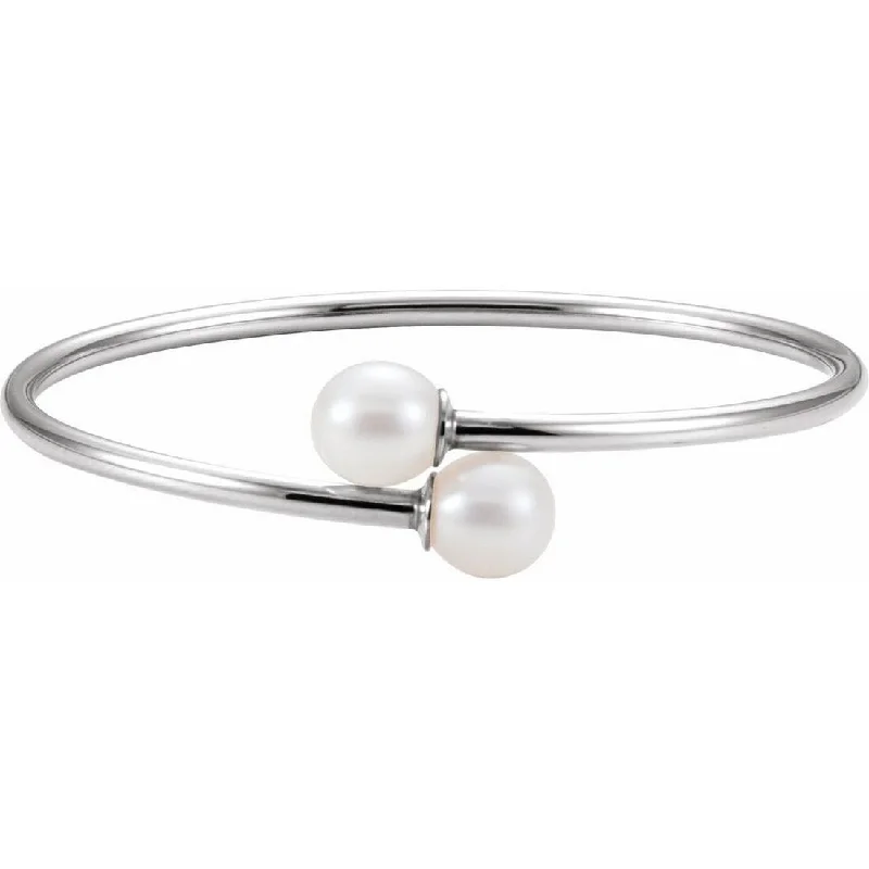 Curata 925 Sterling Silver 10mm Cultured White Pearl Flexible Cuff Bangle Bracelet