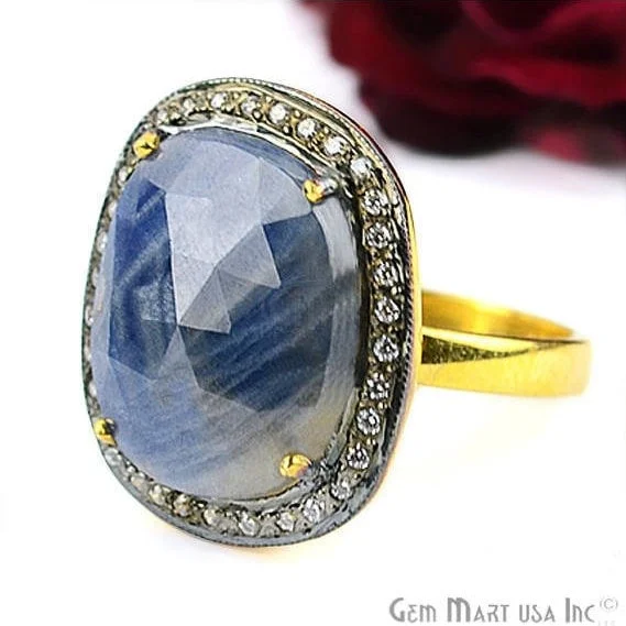 women heart-cut engagement rings -Sapphire Cz Pave Diamond Ring, Gold Vermeil Prong Setting Gemstone, Gift Diamond Ring (CZRG-12525)