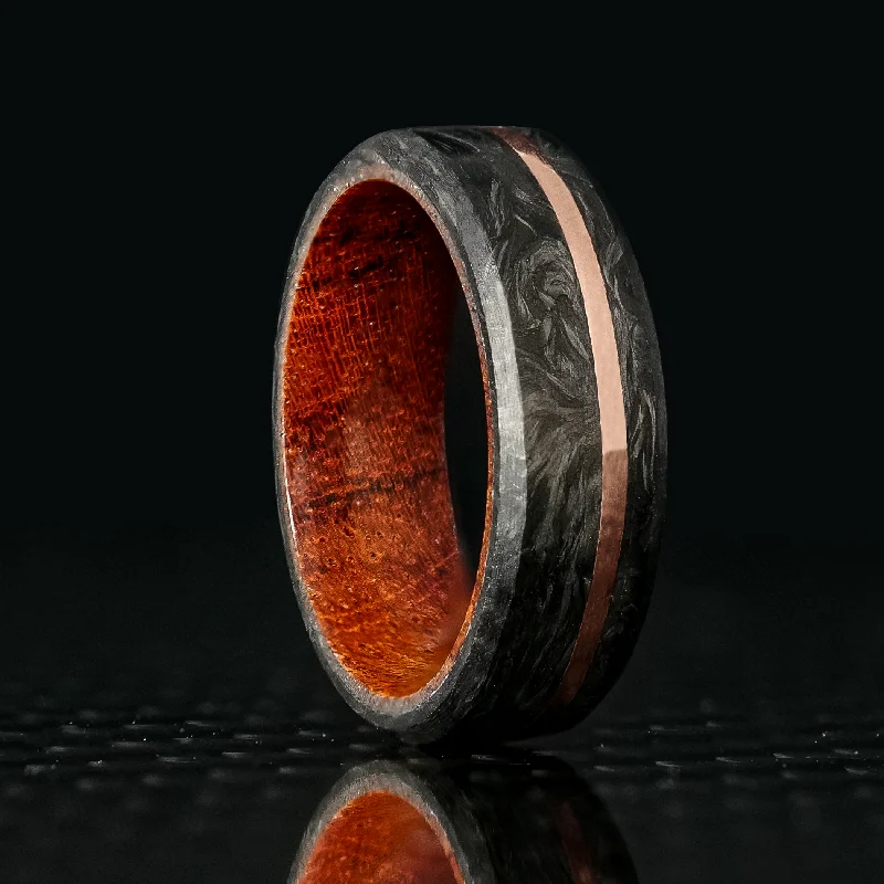 women wedding bracelets -Forged Carbon Fiber and Gold Ring with Koa Wood Liner