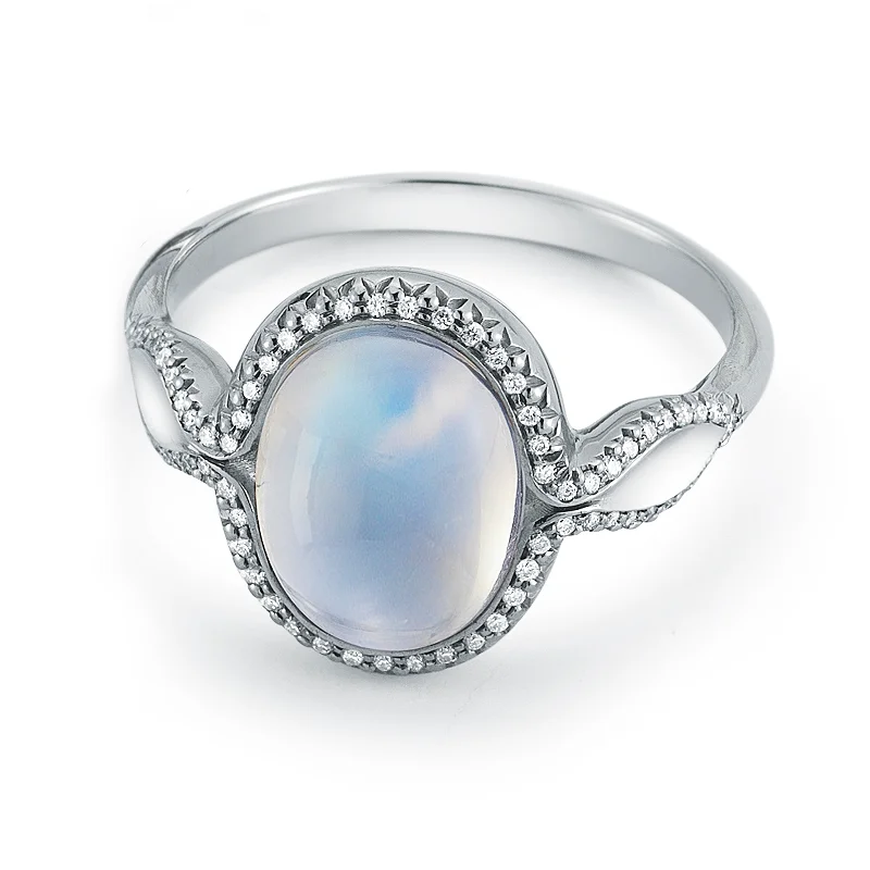 women three-stone engagement rings -Rainbow Moonstone and Diamond Ring