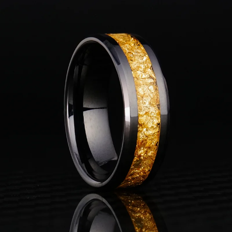 women customized charm bracelets -24K Gold Leaf Ring on Black Ceramic | Full Channel