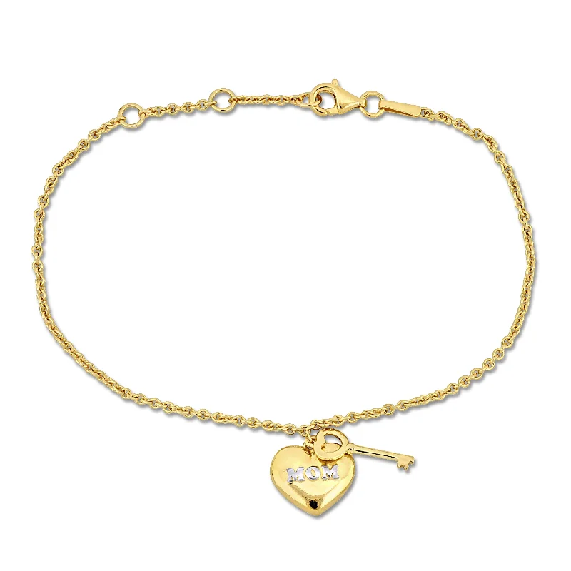 Miadora White "Mom" Heart & Key Charm Bracelet in 18k Yellow Sterling Silver