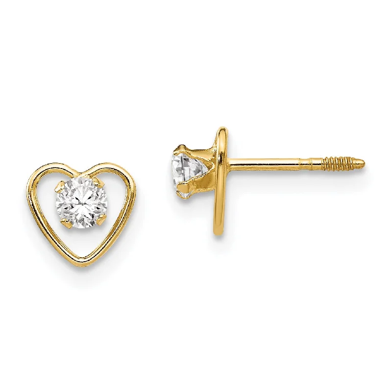 women affordable earrings -14KT Yellow Gold Round Zircon 6MM Heart Childrens Birthstone Stud Earrings