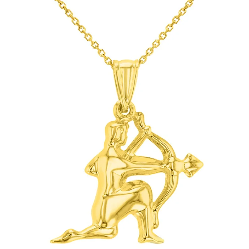 women friendship necklaces -High Polish 14k Yellow Gold 3D Sagittarius Zodiac Sign Charm Archer Shooting Arrow Pendant With Cable, Curb or Figaro Chain Necklace