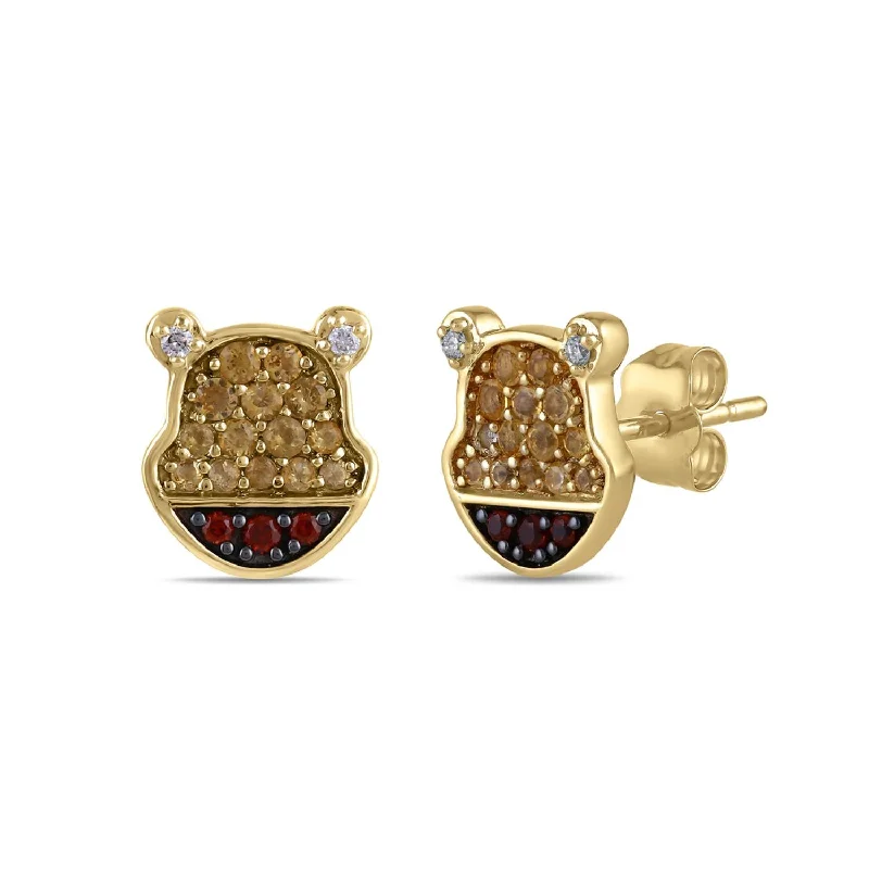 women designer earrings -Disney Jewels Citrine, Garnet and Diamond Winnie The Pooh Earrings in Sterling Silver