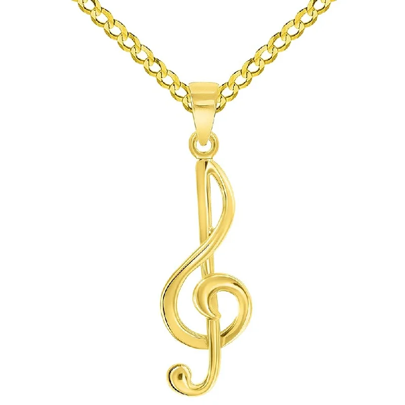 women pearl necklaces -Solid 14k Yellow Gold G Clef Musical Symbol Charm Music Note Pendant with Curb or Figaro Chain Necklace