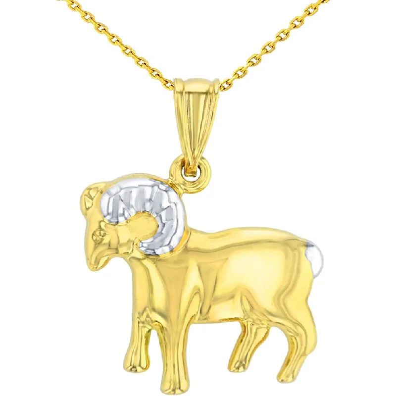 women elegant pendant necklaces -High Polish 14K Yellow Gold Aries Zodiac Sign Pendant Ram Charm Pendant With Cable, Curb or Figaro Chain Necklace