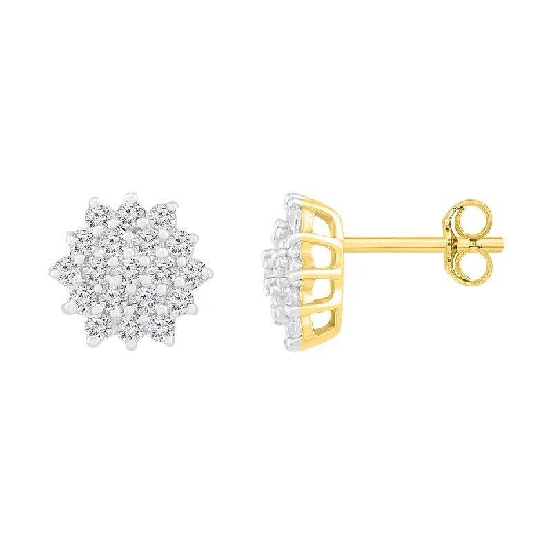 women unique earrings -1/5 CTW Diamond Cluster Stud Earrings in 10KT Yellow Gold