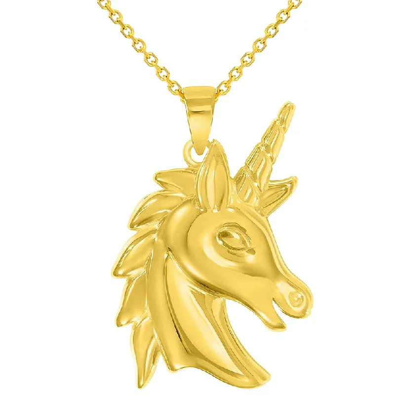 women anniversary gift necklaces -14k Yellow Gold Unicorn Horse Head Mythical Animal Pendant With Cable, Curb or Figaro Chain Necklace