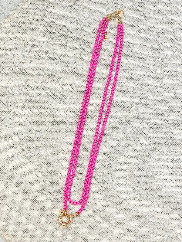 women sterling silver necklaces -Enamel Box Chain Layered Necklace - Pink