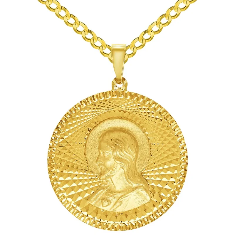 women luxury necklaces -14k Yellow Gold Round Sacred Heart of Jesus Charm Textured Medallion Pendant with Cuban Link Curb Chain Necklace - 3 Sizes