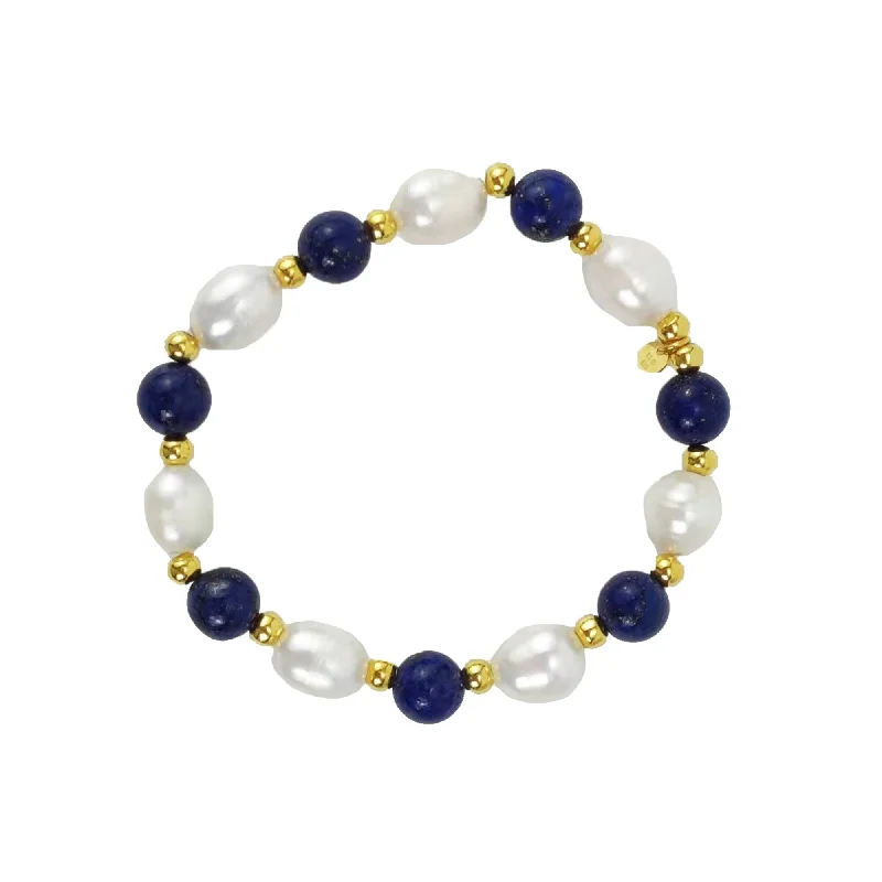 Gold Over Sterling Silver with Pearl and Beads Lapis Stretch Bracelet