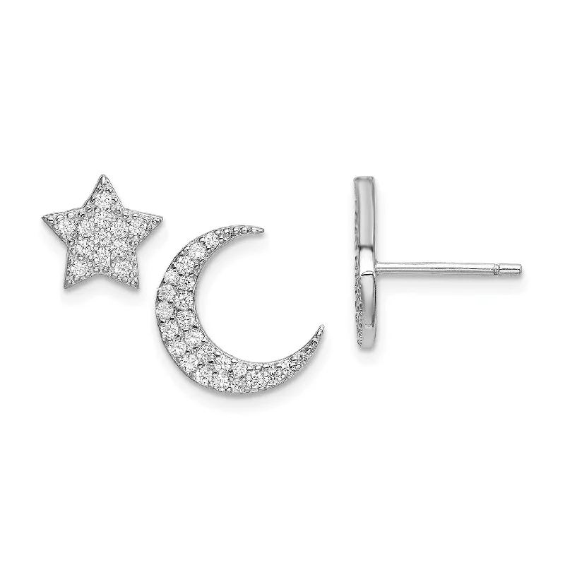 women vintage earrings -Sterling Silver Cubic Zirconia 11MM Stud Celestial Star and Moon Earrings