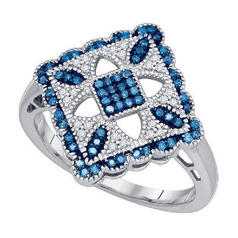 women simple engagement rings -Blue and White Diamond Ring Quilt Pattern 10k White Gold 1/4 CTW