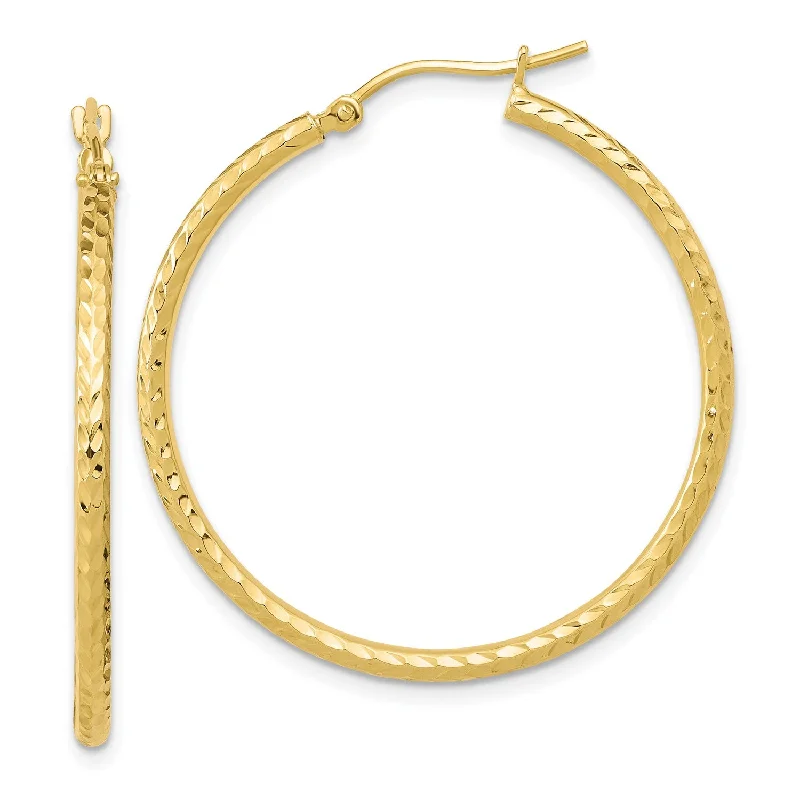 women stylish earrings -10KT Yellow Gold 35X2MM Diamond-cut Hoop Earrings