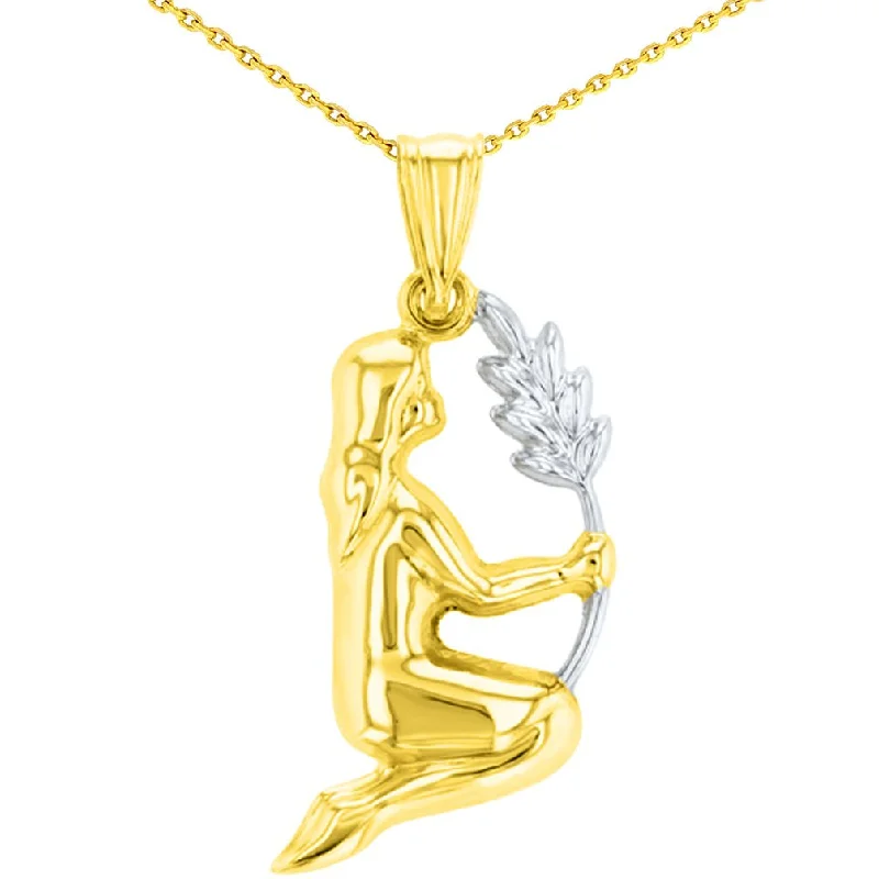 women birthstone necklaces -High Polish 14K Yellow Gold Virgo Maiden Holding Wheat Zodiac Sign Charm Pendant With Cable, Curb or Figaro Chain Necklace