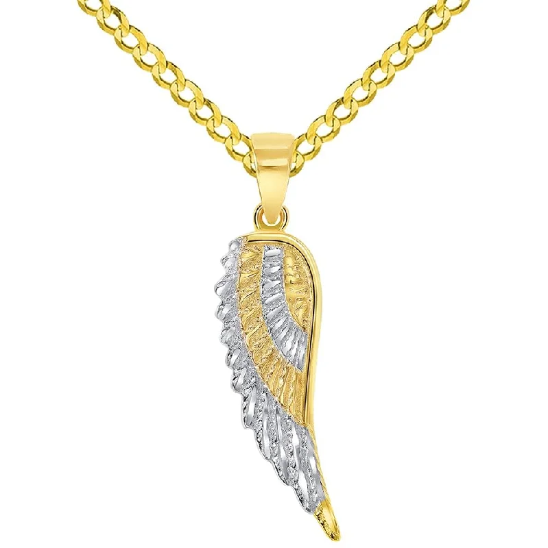 women geometric chain necklaces -Solid 14k Yellow Gold Textured Two-Tone Angel Wing Charm Pendant with Curb or Figaro Chain Necklace